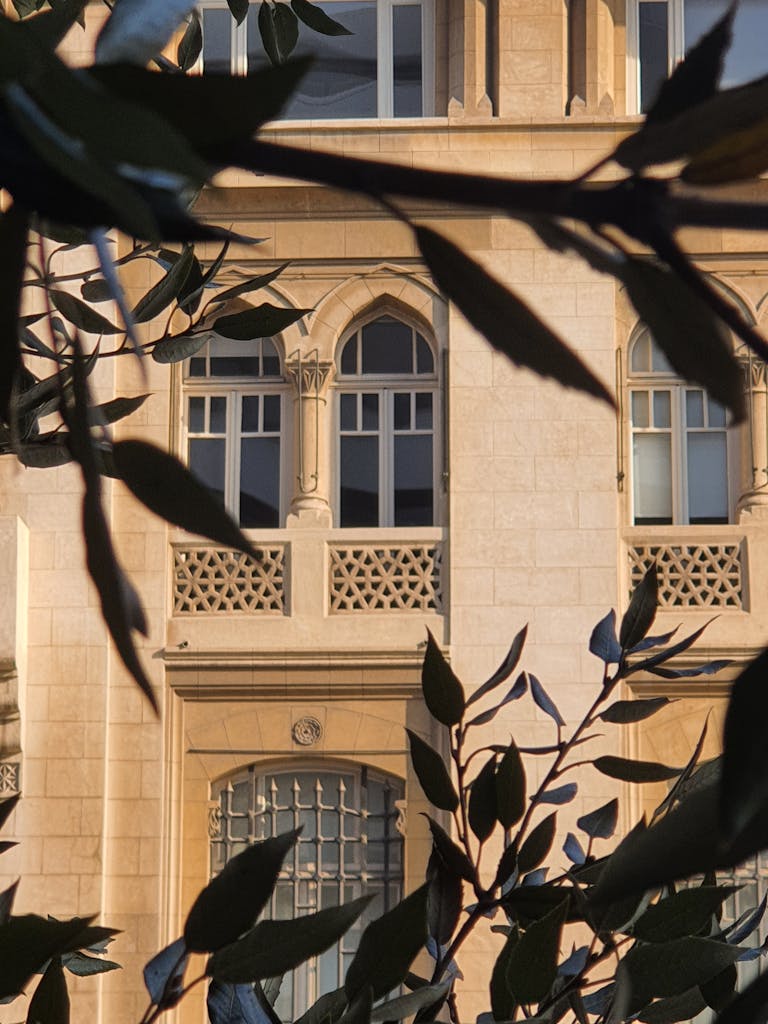 Beautiful architectural facade with Gothic windows framed by leafy branches.